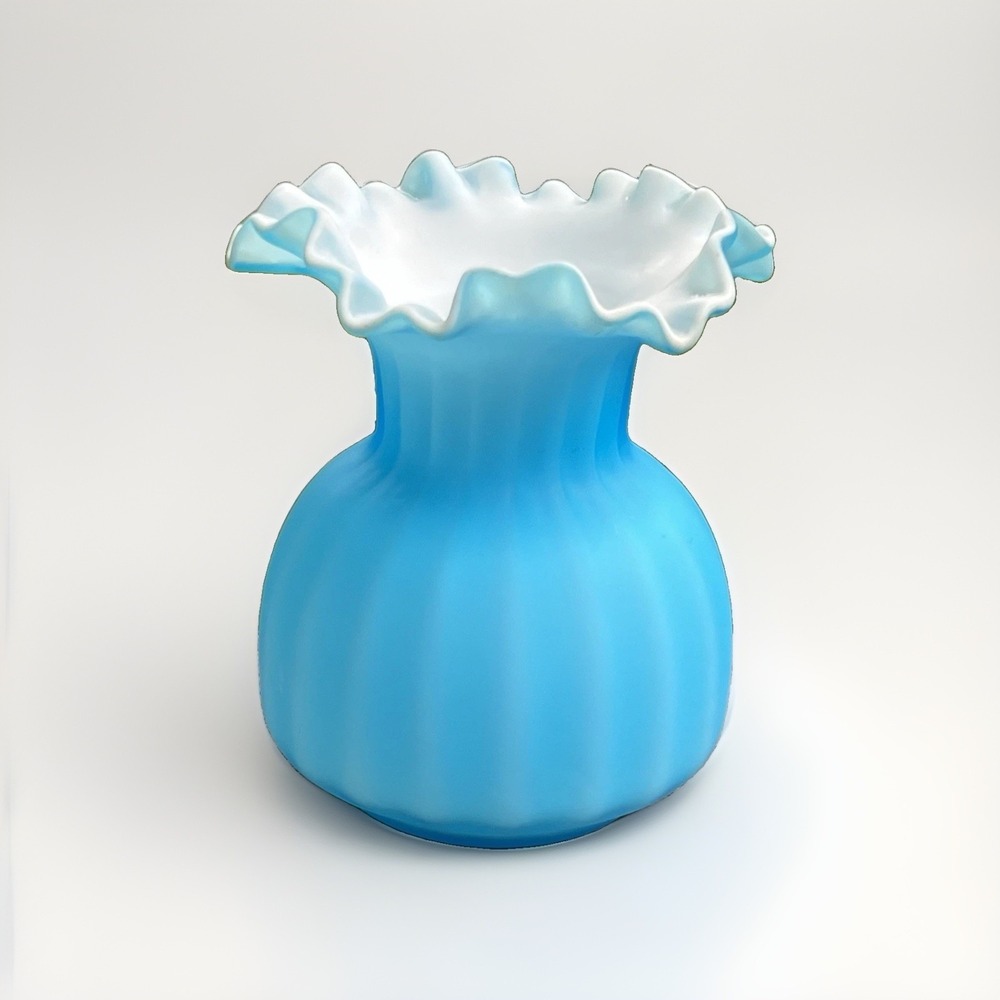 Vintage Bright Blue White Milk Glass Vase White Ruffled Rim Art Glass Home Decor